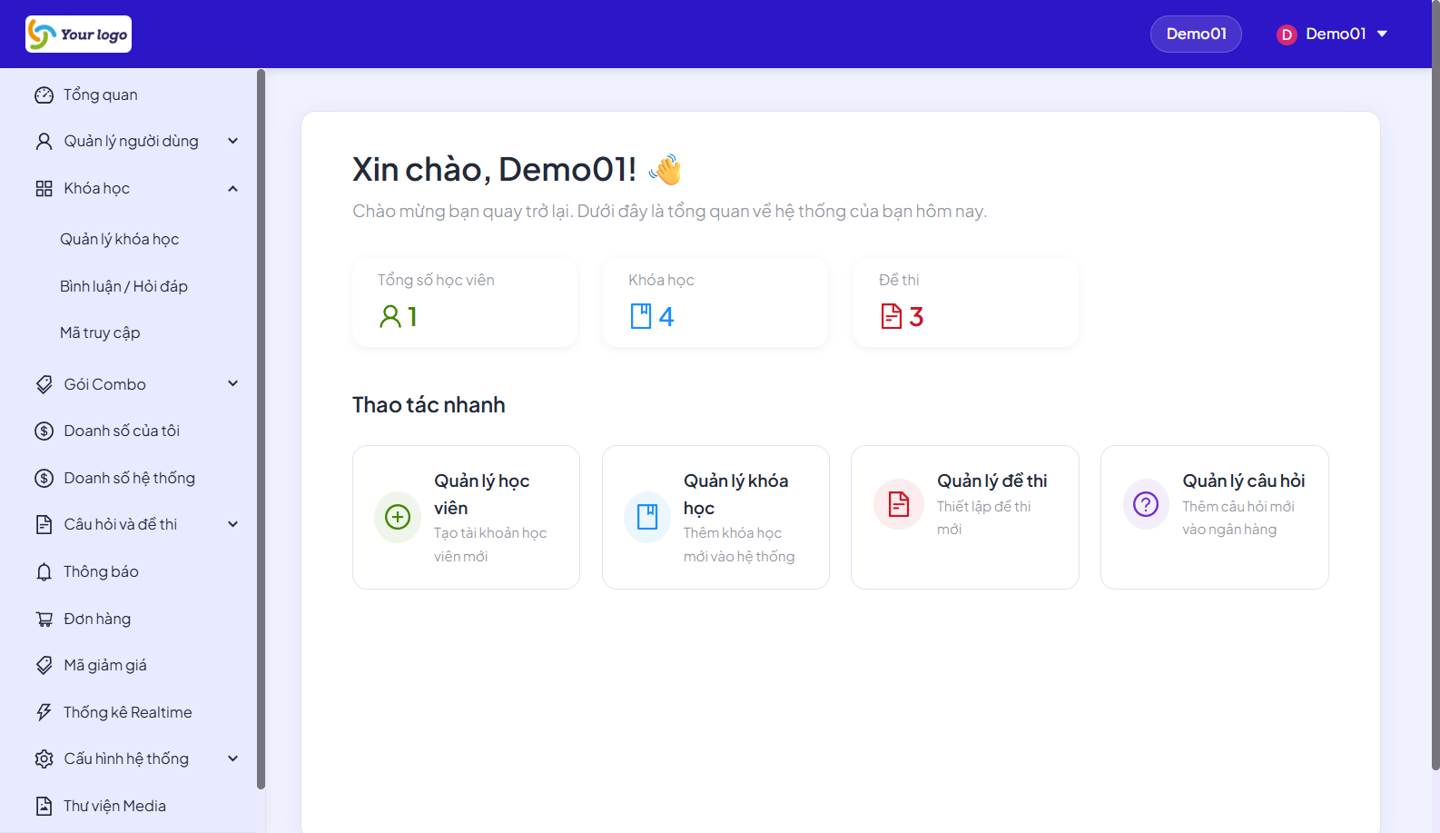 Menu Khóa học và dashboard