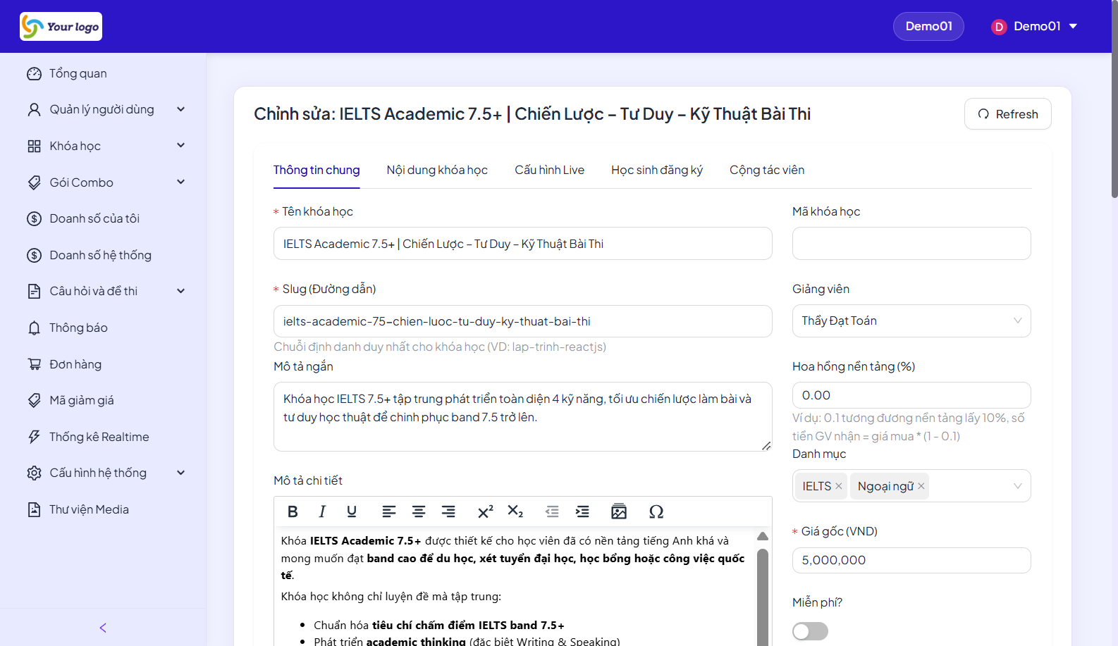 Tab Thông tin chung khi chỉnh sửa khóa học